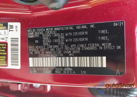 2021 Toyota Highlander Xle z USA, uszkodzony, nr VIN 5TDGZRAH3MS062766